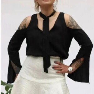 Line & Dot Cupro Cold Shoulder Black Top Tie Neck Women’s Size S NEW